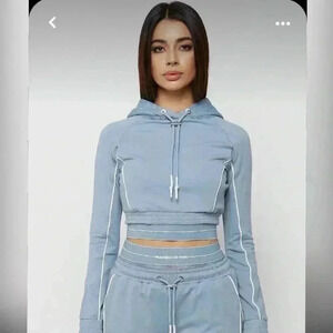 Maniere De Voir Mesh Hood Banded Hoodie in Steel Blue NEW WITH TAG